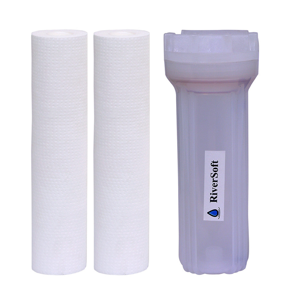 RiverSoft PreRO-10-STR RO prefilter semi-transparent housing assembly with additional spun cartridge | Compatible with KENT RO Water Purifier (3/8 inch / 10 mm connection, Semi-transparent, PP)