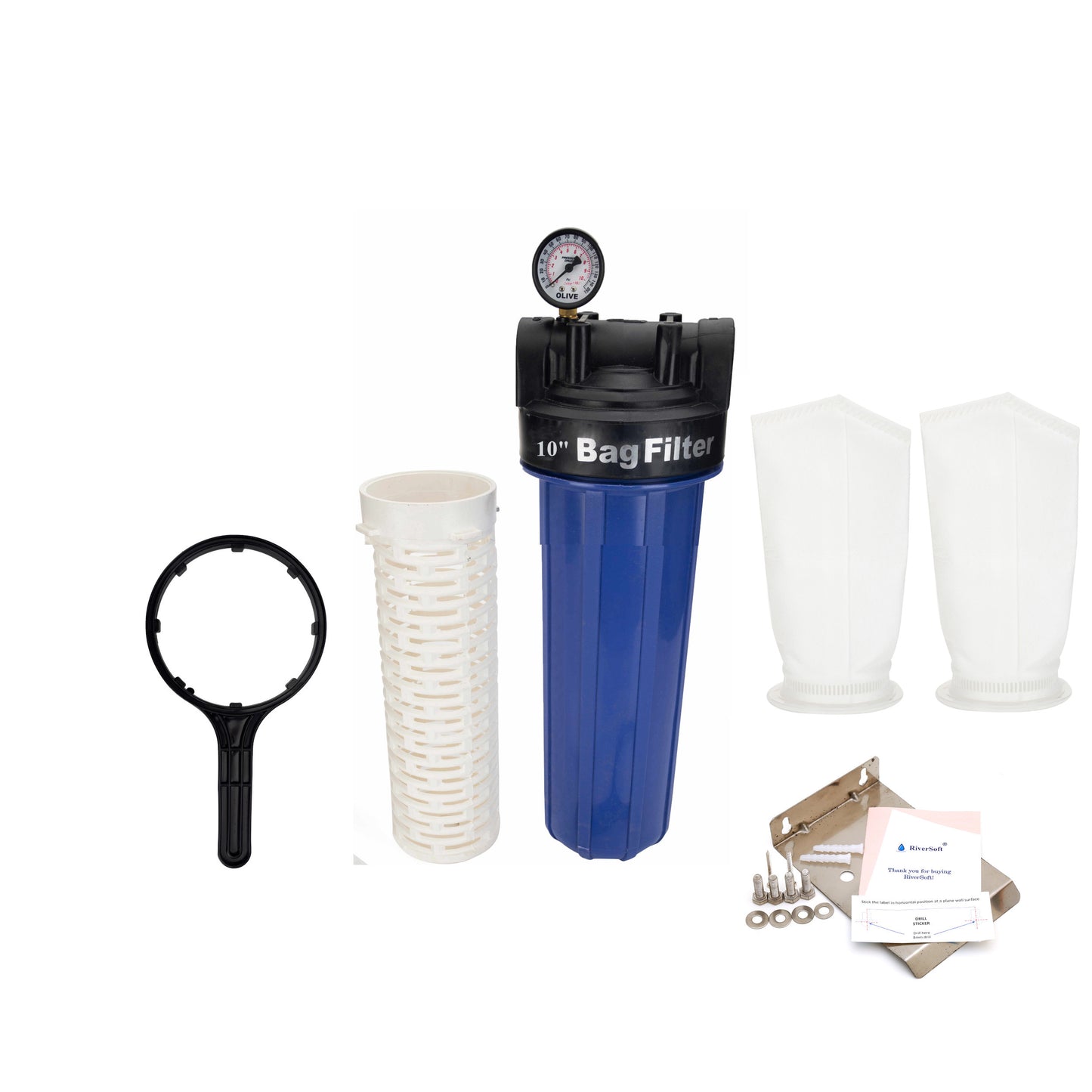 RiverSoft Sediment Filter Assembly AFB-FB-10 with spare filter bag 1 Micron for filtering sediments with pressure gauge, Install in mainline 1 inch inlet/outlet (10 inch filter bag, PP)
