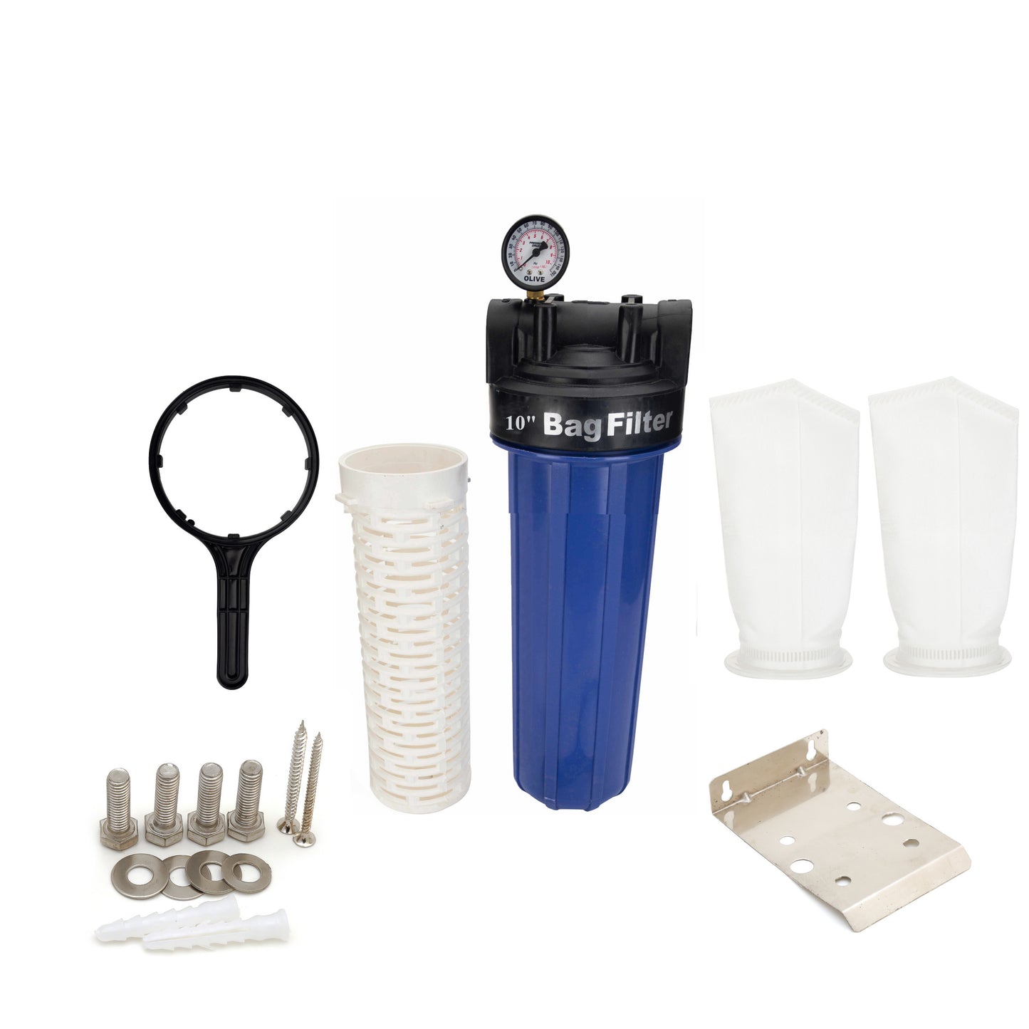 RiverSoft Sediment Filter Assembly AFB-FB-10 with spare filter bag 1 Micron for filtering sediments with pressure gauge, Install in mainline 1 inch inlet/outlet (10 inch filter bag, PP)