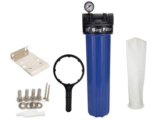 AFB-20 Mainline sediment filter | 20 inch big blue housing with filter bag | 1 micron | 1 inch inlet outlet