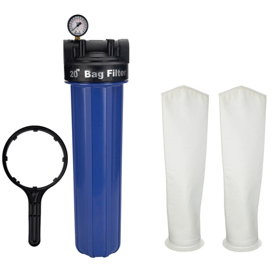 RiverSoft Sediment Filter Assembly AFB-FB-20 with spare filter bag 1 Micron for filtering sediments with pressure gauge, Install in mainline 1 inch inlet/outlet (20 inch filter bag, PP)