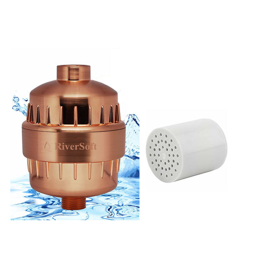 RiverSoft Combo Pack SF-Gold PRO (ABS, Gold) and SFC-15 (PP, white) shower and tap filter for hard water with 15 stage with extra cartridge