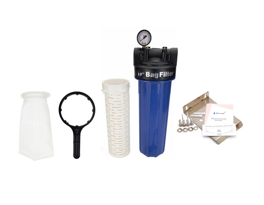 RiverSoft sediment filter assembly AFB-10, filter bag 5 micron for filtering sediments with pressure gauge, install in mainline 1 inch inlet/outlet (10 inch filter bag, PP).