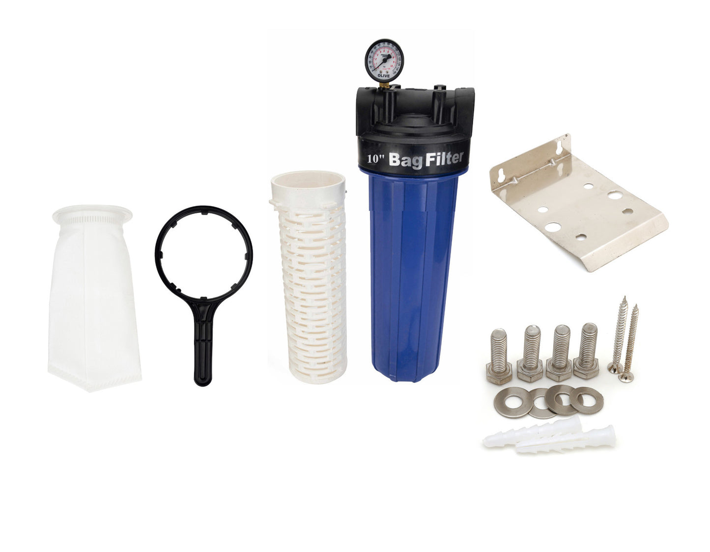 RiverSoft sediment filter assembly AFB-10, filter bag 5 micron for filtering sediments with pressure gauge, install in mainline 1 inch inlet/outlet (10 inch filter bag, PP).