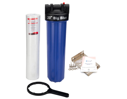 RiverSoft Sediment Filter Assembly ASP-20, Spun Cartridge 5 Micron for filtering sediments, Install in mainline 1 inch inlet/outlet (20 inch size, PP).