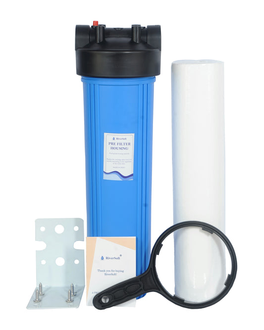 RiverSoft Sediment Filter Assembly ASP-20-HV5, Spun Cartridge 5 Micron For Filtering Sediments, Install In Mainline for 1 HP/2 HP motor (20 inch, 5 Micron, 1 inch inlet/outlet, Blue, PP)