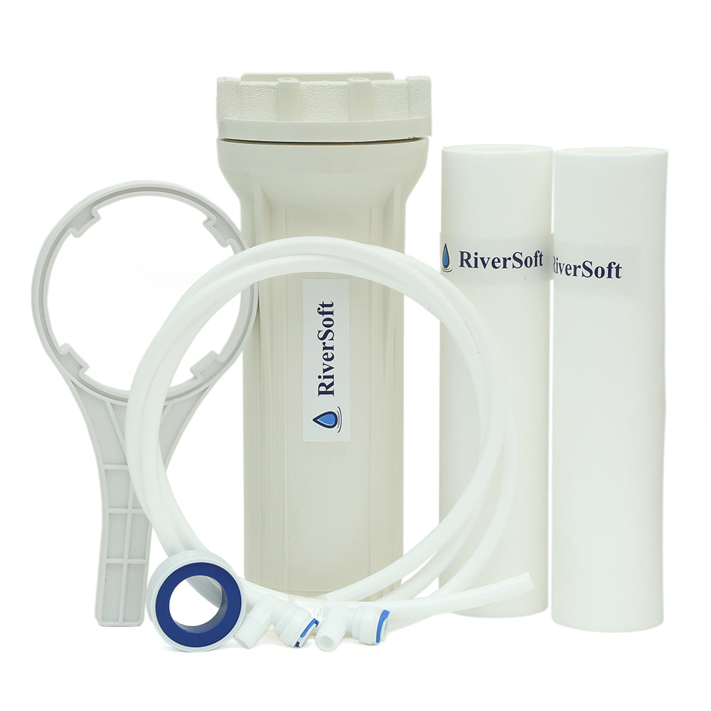 RiverSoft PreRO-10-CSPN RO prefilter assembly with additional spun cartridge | Compatible with KENT RO Water Purifier (3/8 inch / 10 mm connection, White, PP)