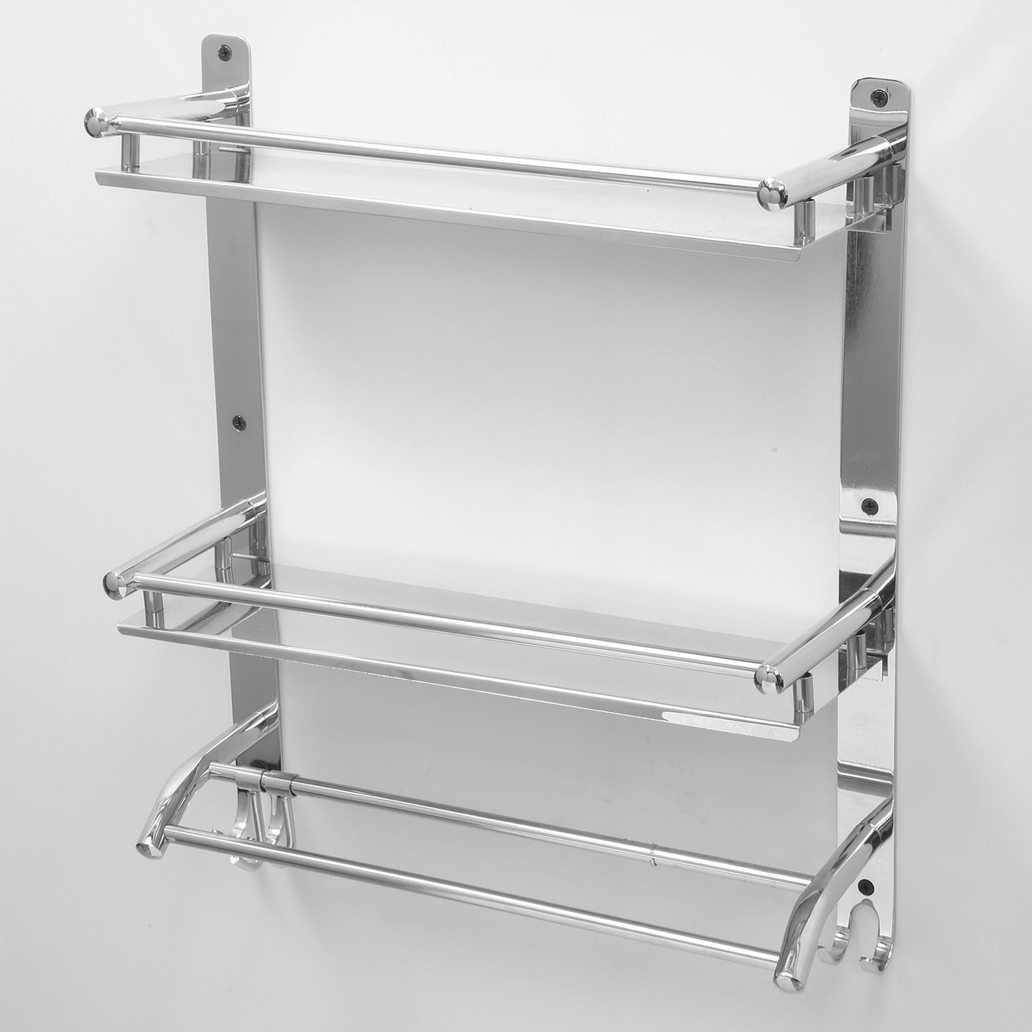 Premium Stainless Steel 3-Tiered Shelf with Towel Rod for Bathroom (15 x 4 Inches)