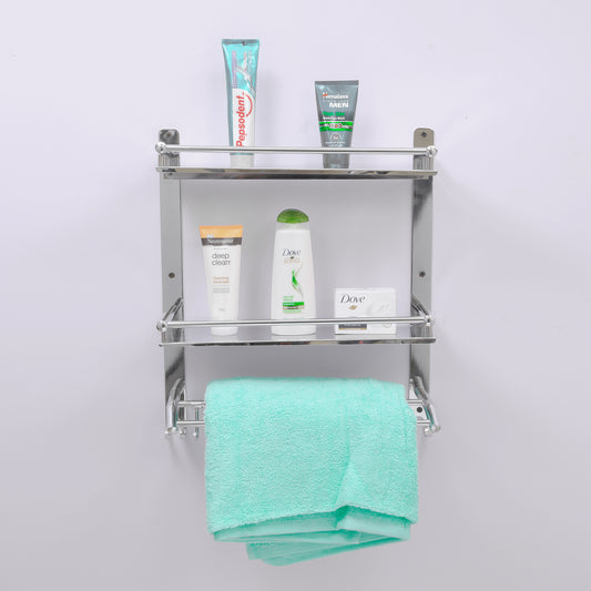 Premium Stainless Steel 3-Tiered Shelf with Towel Rod for Bathroom (15 x 4 Inches)