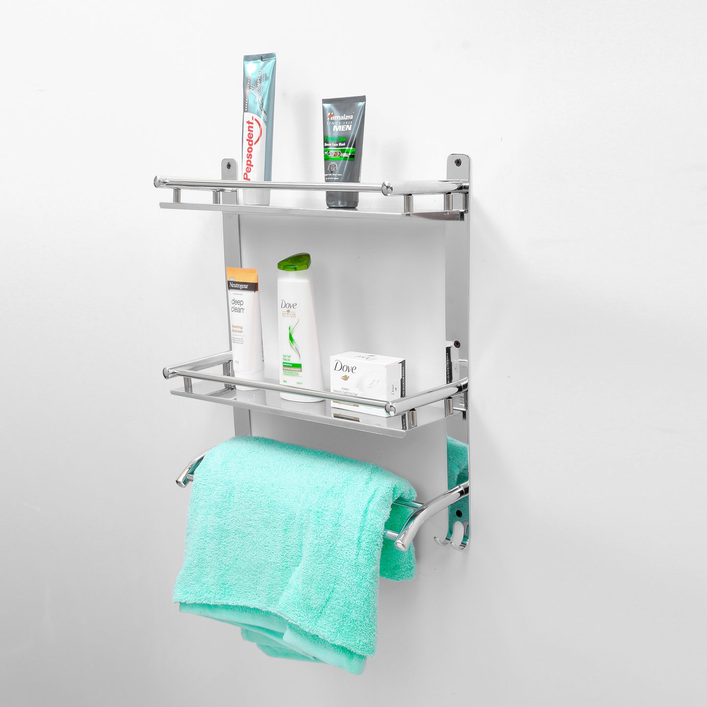 Premium Stainless Steel 3-Tiered Shelf with Towel Rod for Bathroom (15 x 4 Inches)