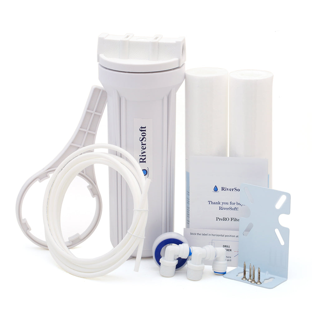 RiverSoft PreRO-10 RO prefilter housing assembly with spare spun cartridge| Compatible with KENT RO Water Purifier (3/8 inch / 10mm connection, White, PP)