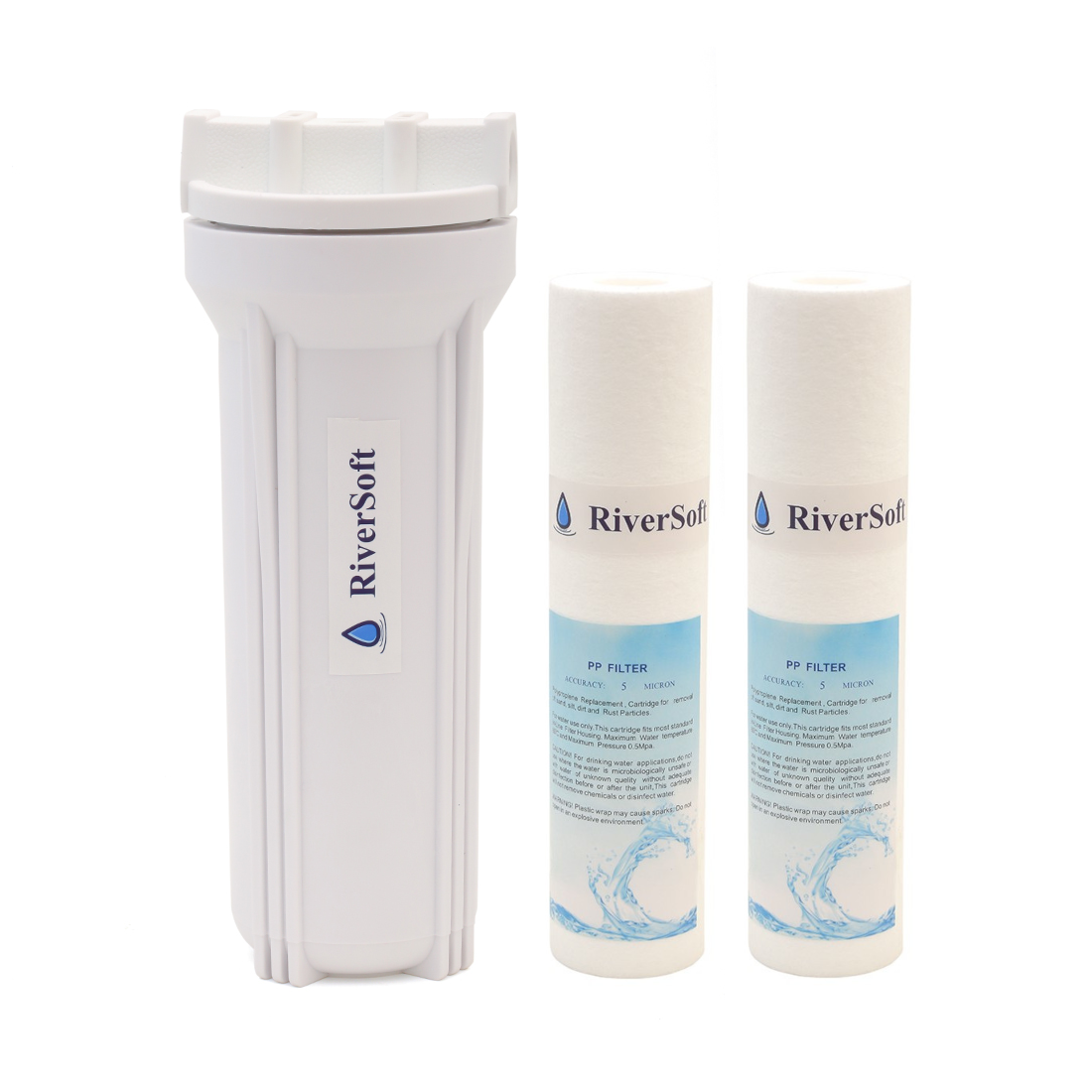 RiverSoft PreRO-10 RO prefilter housing assembly with spare spun cartridge| Compatible with KENT RO Water Purifier (3/8 inch / 10mm connection, White, PP)