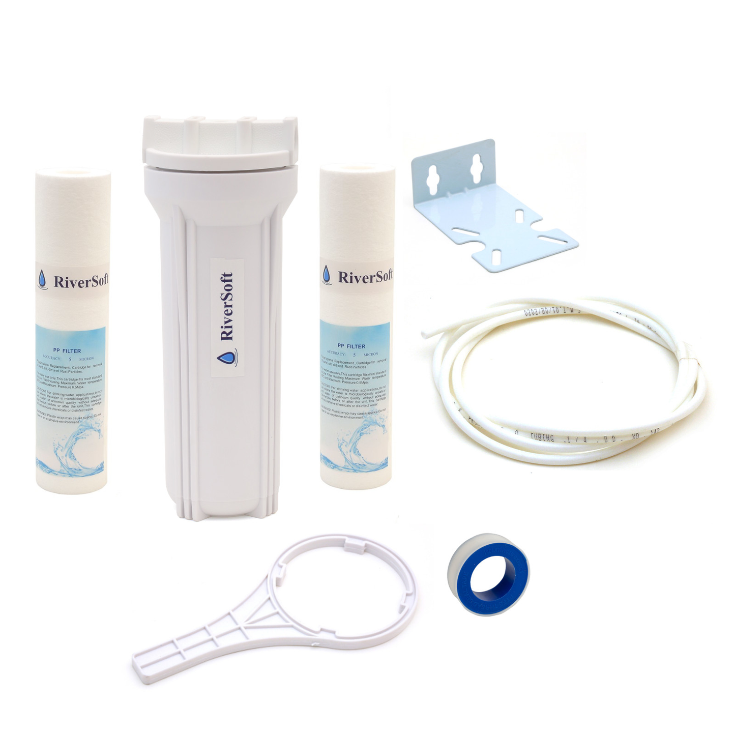 RiverSoft PreRO-6 RO prefilter housing assembly with spare spun cartridge | Compatible with Livepure, Tata, Mi and all other Water Purifiers (1/4 inch / 6mm connection, White, PP)