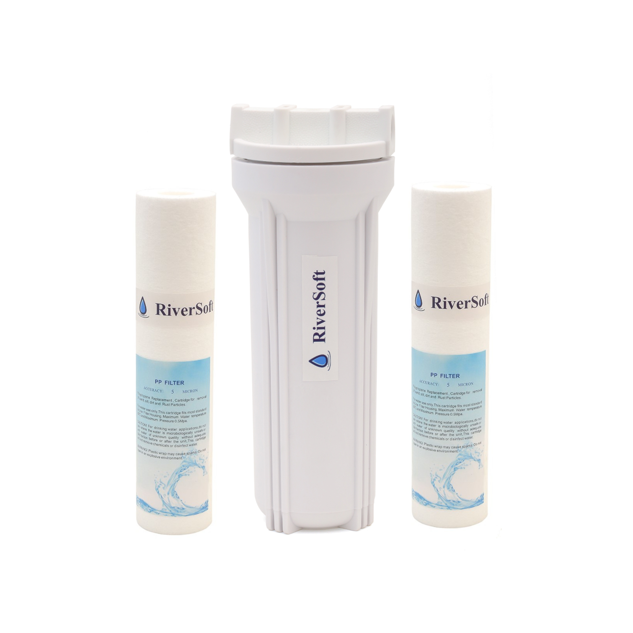 RiverSoft PreRO-6 RO prefilter housing assembly with spare spun cartridge | Compatible with Livepure, Tata, Mi and all other Water Purifiers (1/4 inch / 6mm connection, White, PP)