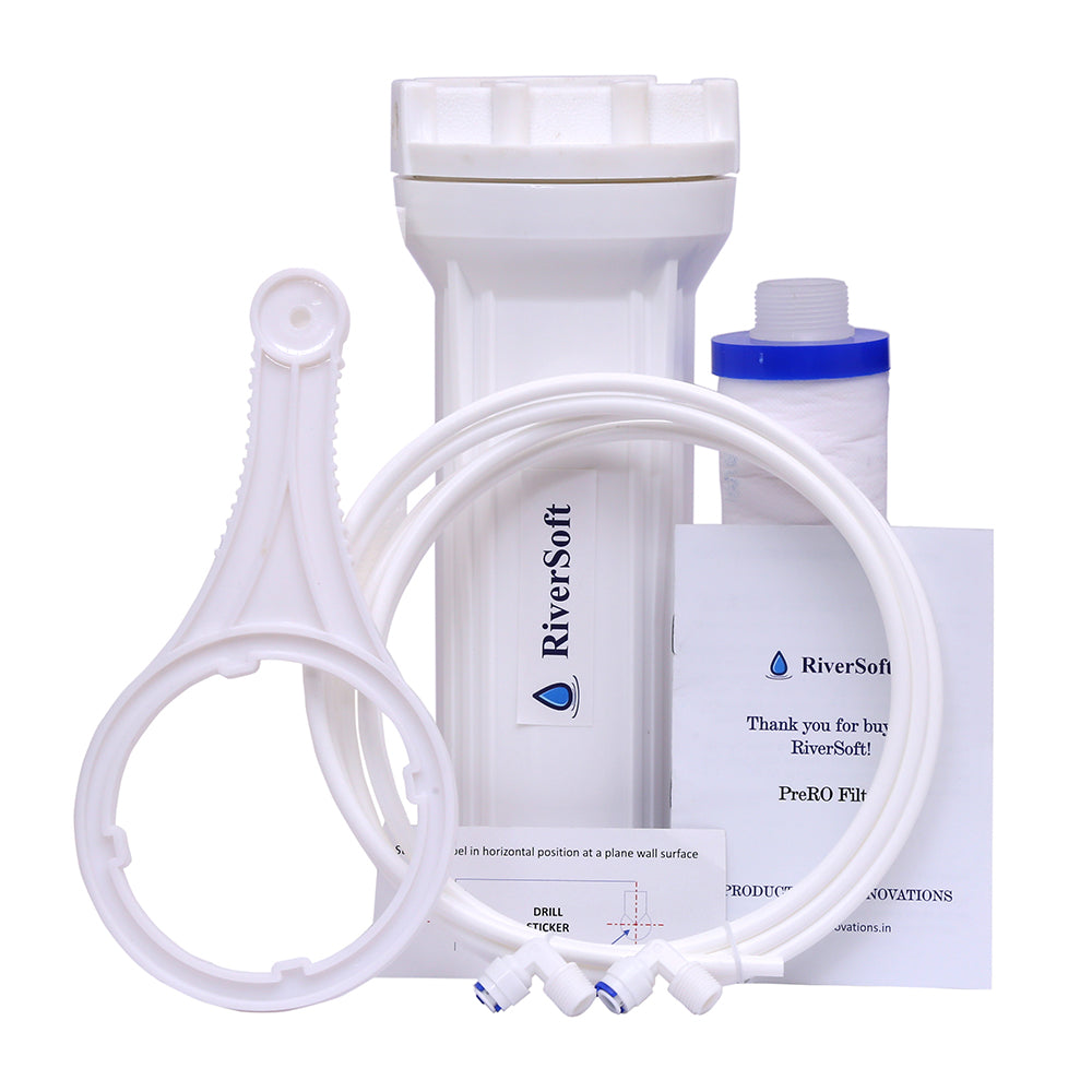 RiverSoft PreRO-6 RO prefilter housing kit with inbuilt mounting clamp | Compatible with KENT RO Water Purifier (1/4 inch / 6 mm connection, White, PP)