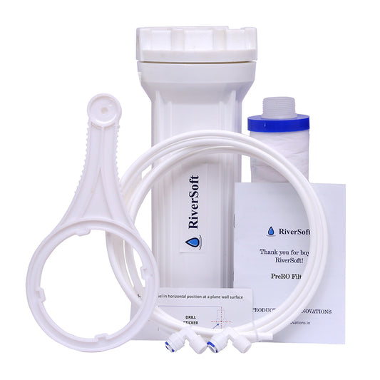 RiverSoft PreRO-6 RO prefilter housing kit with inbuilt mounting clamp | Compatible with KENT RO Water Purifier (1/4 inch / 6 mm connection, White, PP)