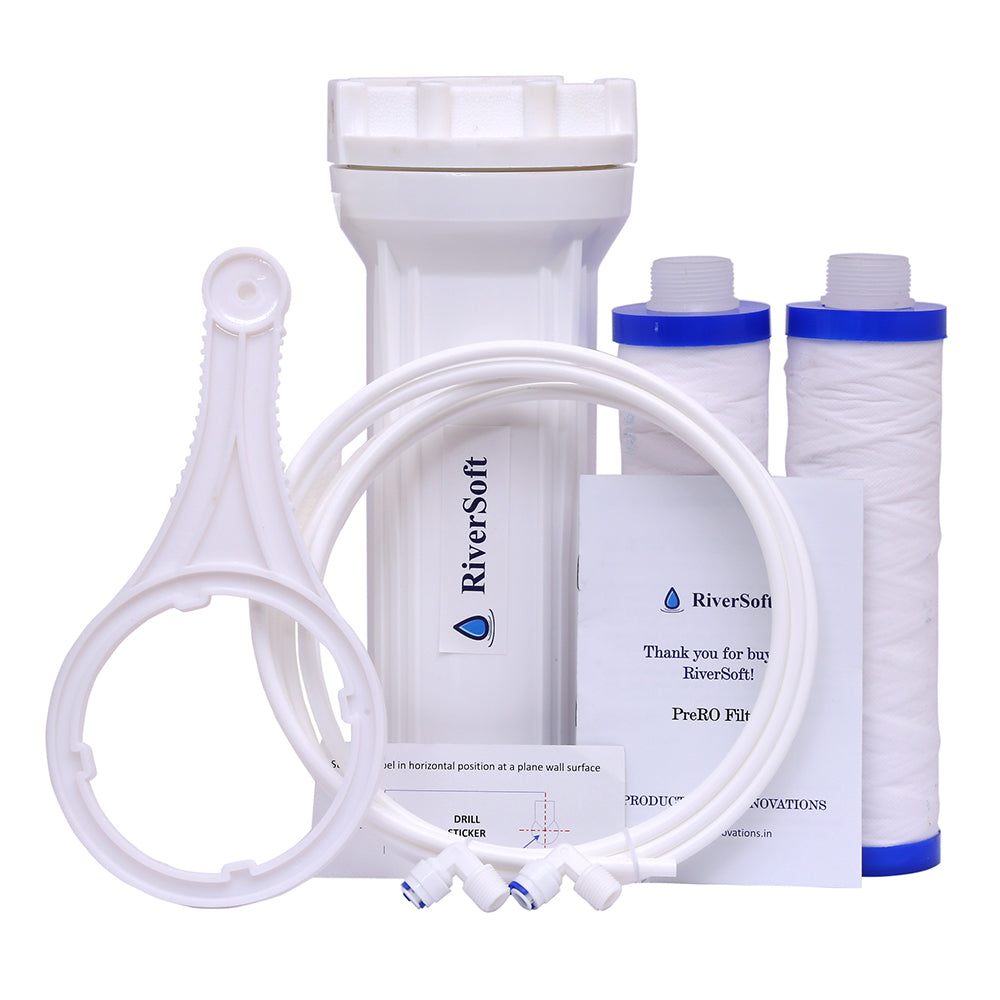 RiverSoft PreRO-6 RO prefilter assembly with additional MLT cartridge | Compatible with KENT RO Water Purifier (1/4 inch / 6mm connection, White, PP)