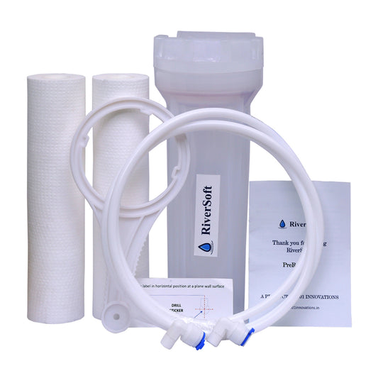 RiverSoft PreRO-10-STR RO prefilter semi-transparent housing assembly with additional spun cartridge | Compatible with KENT RO Water Purifier (3/8 inch / 10 mm connection, Semi-transparent, PP)