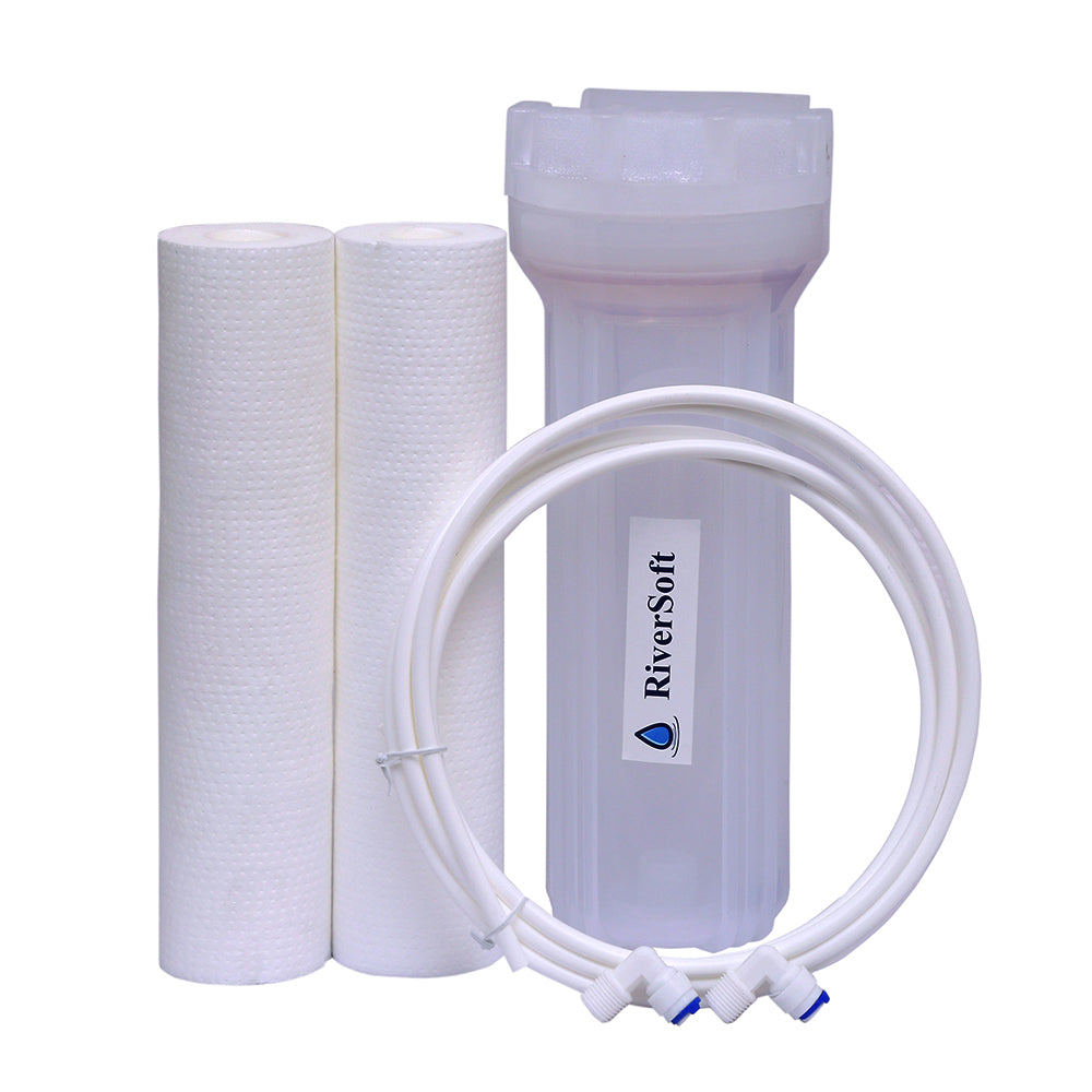 RiverSoft PreRO-6-STR RO prefilter semi-transparent housing assembly with additional spun cartridge | Compatible with KENT RO Water Purifier (1/4 inch / 6 mm connection, Semi-transparent, PP)