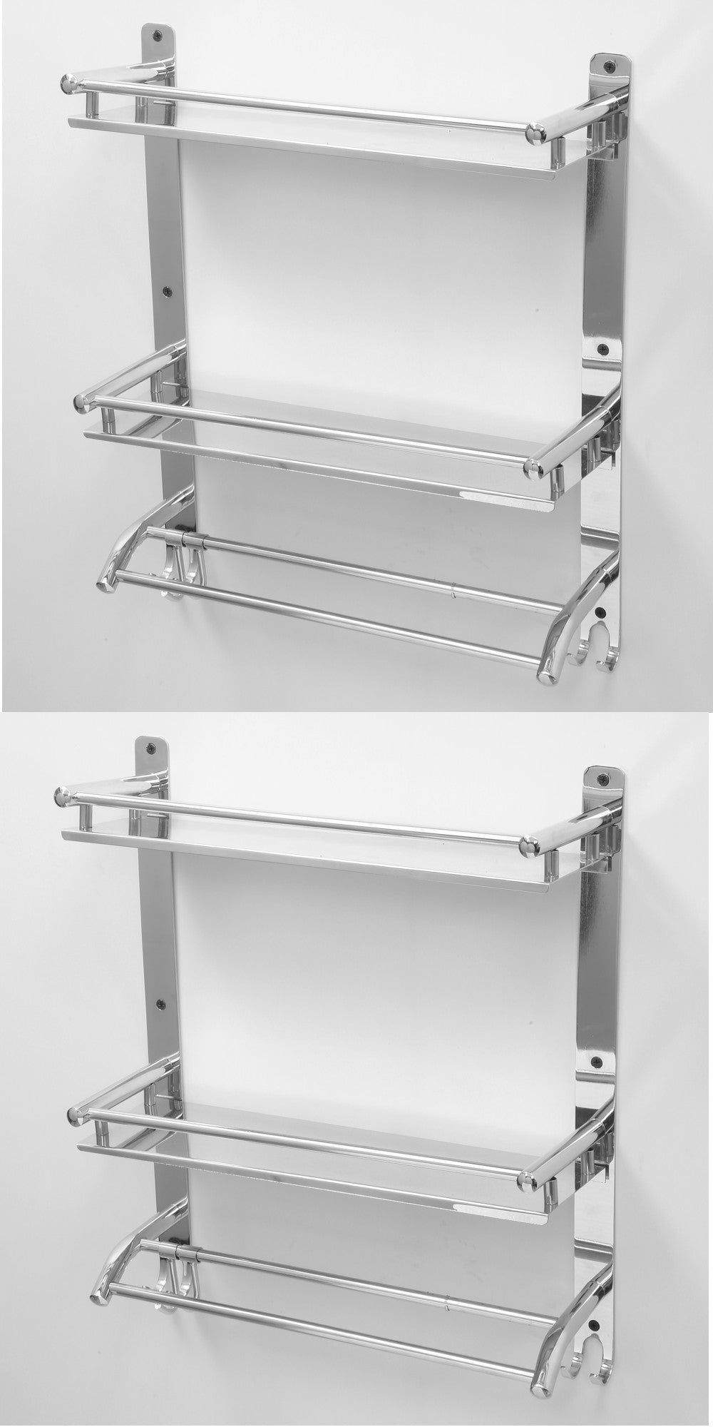 Stainless Steel 3-Tiered Shelf with Towel Rod for Bathroom (Pack of 2)