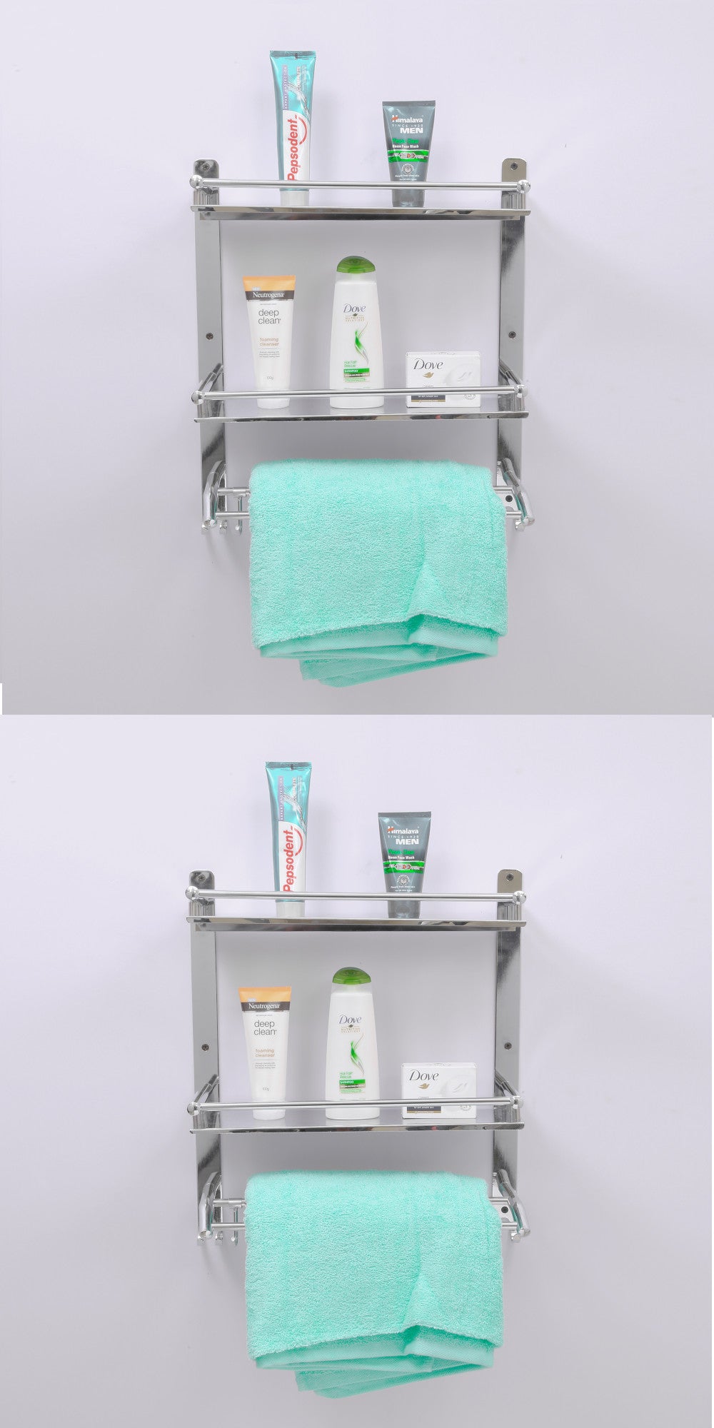 Stainless Steel 3-Tiered Shelf with Towel Rod for Bathroom (Pack of 2)