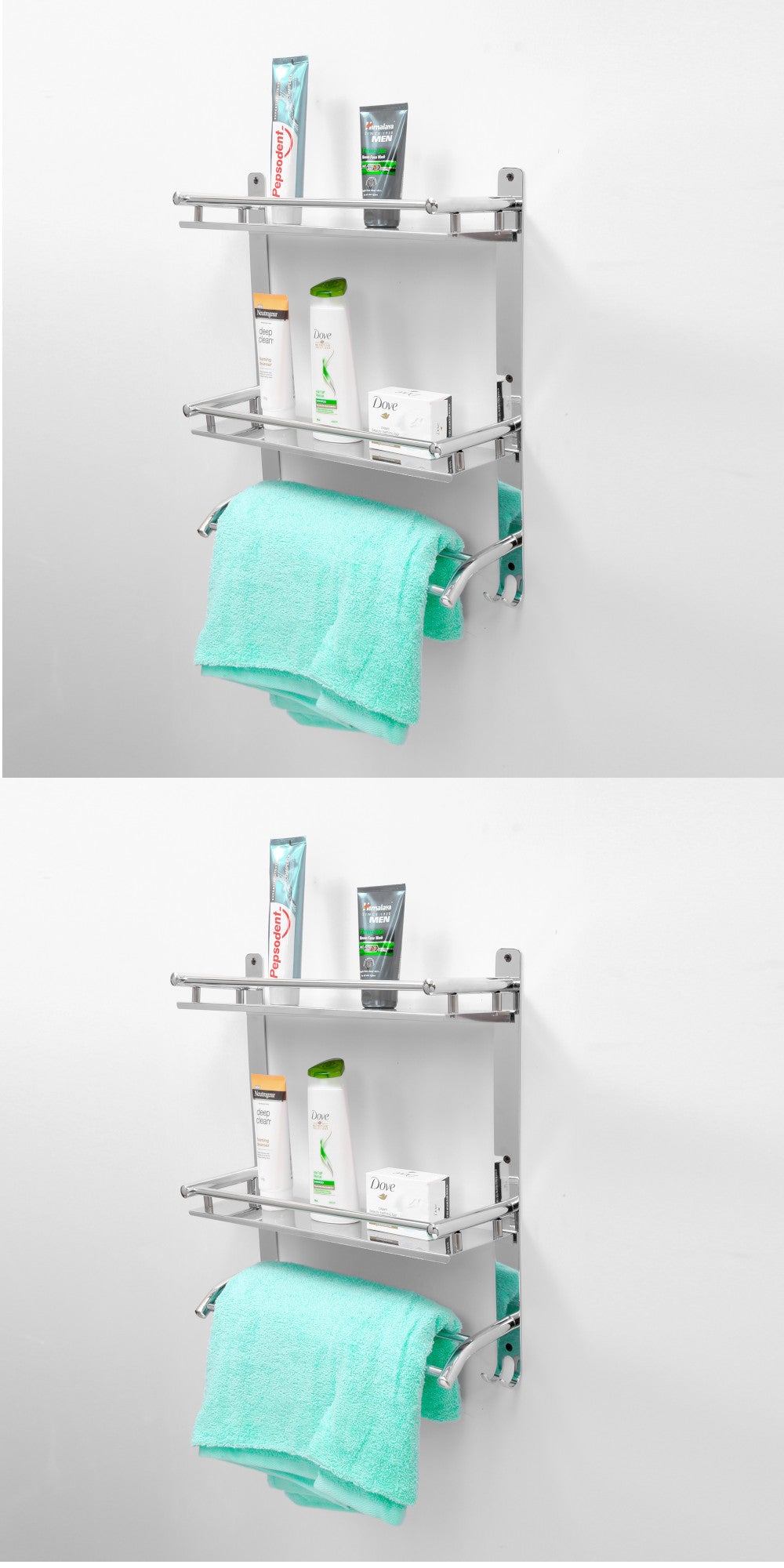 Stainless Steel 3-Tiered Shelf with Towel Rod for Bathroom (Pack of 2)