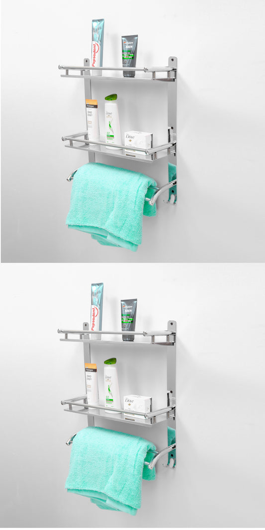 Stainless Steel 3-Tiered Shelf with Towel Rod for Bathroom (Pack of 2)